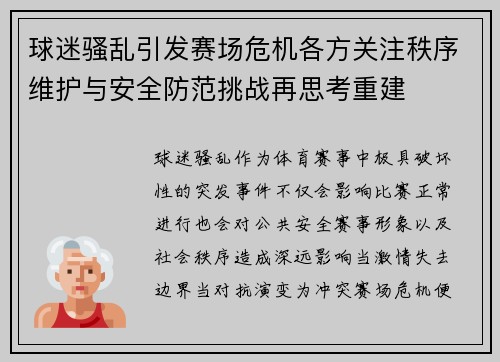 球迷骚乱引发赛场危机各方关注秩序维护与安全防范挑战再思考重建